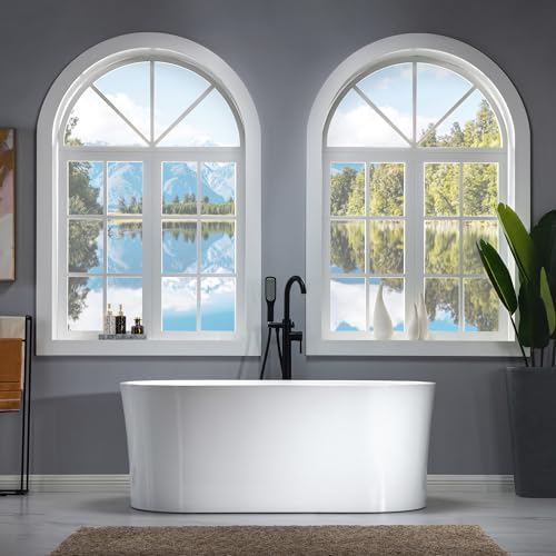 WOODBRIDGE 59" Acrylic Freestanding Bathtub Contemporary Soaking Tub with Matte Black Overflow and Drain, White Tub WOODBRIDGE