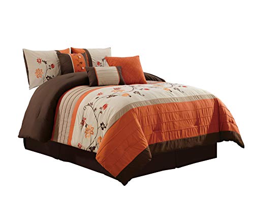 Chezmoi Collection Serene 7-Piece Luxury Autumn Floral Embroidery Comforter Set, King, Orange/Brown/Taupe Chezmoi Collection