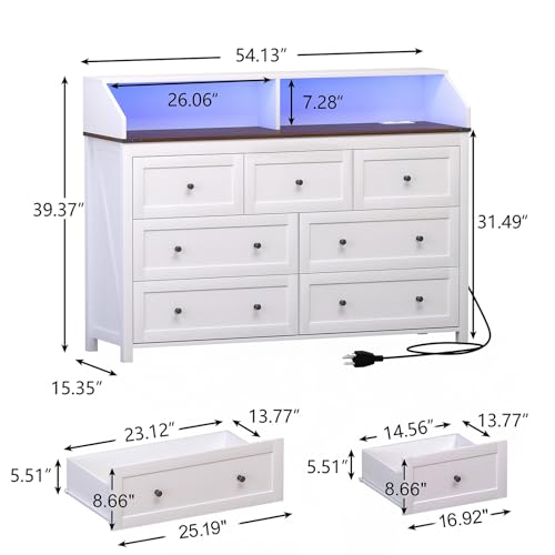 GlouMod LED Dresser with Charging Station, 7 Drawer Dresser for Bedroom, Chest of Drawers with LED Lights, Wood Dresser for Closet, Living Room, Hallway, Kids Room, Large White Dresser GlouMod