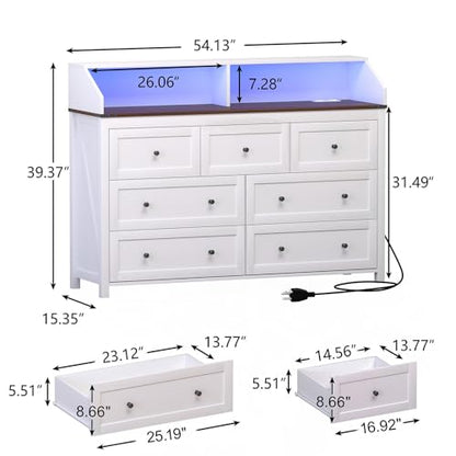 GlouMod LED Dresser with Charging Station, 7 Drawer Dresser for Bedroom, Chest of Drawers with LED Lights, Wood Dresser for Closet, Living Room, Hallway, Kids Room, Large White Dresser - WoodArtSupply