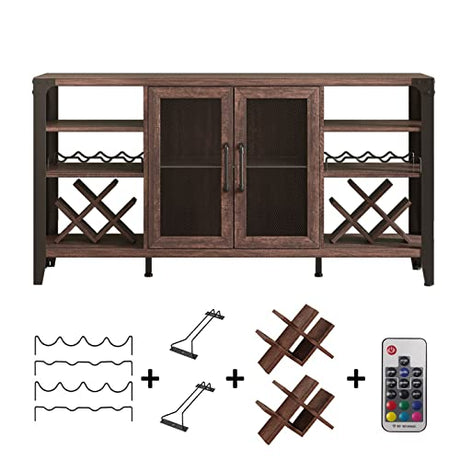 Vabches Dark Brown Farmhouse Wine Bar Cabinet with LED Lighting and Ample Storage Vabches