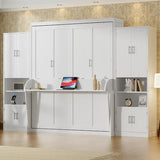 PVWIIK Queen Size Murphy Bed with Storage Drawers & Desk,Wall Bed Frame Folding into Cabinet Design w/Charging Station & Storage Shelf for Small Space,Bedroom,Guest Room,White PVWIIK