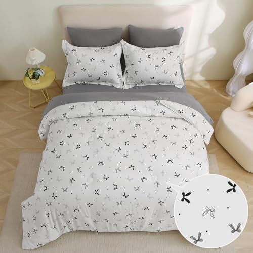 Jameswish 7 Pieces Black Bow Comforter Set for Girls Kids Soft Fluffy Bedding Set Full Size Bed in A Bag as Gifts (1 Comforter, 1 Flat Sheet, 1 Fitted Sheet, 2 Pillowcase and 2 Pillow Sham) Jameswish
