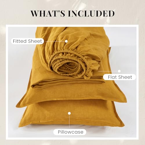 S VICTORY SYMBOL 100% Organic French Linen Bed Sheet Set,Natural Pure Flax with Stone Washed Bedding Set Full Size,Ultra Soft Luxurious 4 Pieces Sheets Set(Yellow,Full) S VICTORY SYMBOL