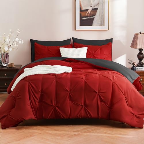 DOWNCOOL 7 Pieces Red and Black King Size Comforter Set, Pintuck Pinch Pleat Bed in a Bag, Soft Microfiber All Season Bedding Set for Bedroom with Sheets, Pillowcases & Shams DOWNCOOL