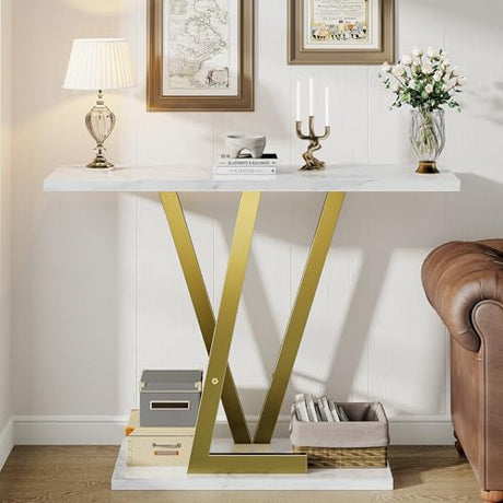 43.3" Gold Console Table, Modern Entryway Table with White Faux Marble Top & Metal Base, Narrow Sofa Table for Living Room, Hallway, Foyer PyroLog