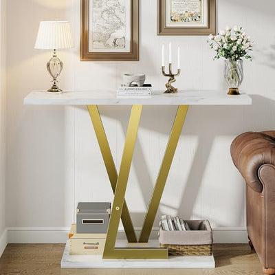 43.3" Gold Console Table, Modern Entryway Table with White Faux Marble Top & Metal Base, Narrow Sofa Table for Living Room, Hallway, Foyer