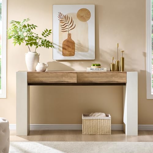 OKD Modern Entryway Console Table, Sofa Table with Drawers, 63" Long Hall Table Behind Couch, Thick Wood Design for Living Room, Hallway - Antique White OKD