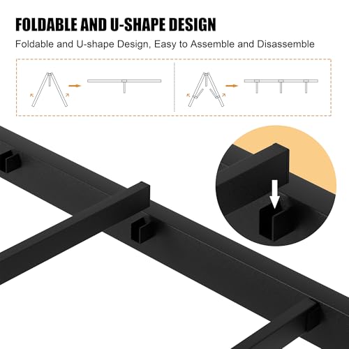 Shintenchi Full Size Metal Platform Bed Frame with Headboard & Footboard, Steel Slat Mattress Foundation, Under Bed Storage, Noise-Free, No Box Spring Needed, Black Round Shintenchi