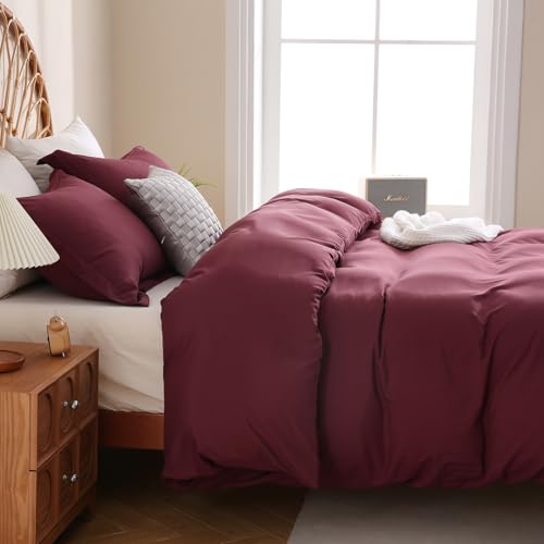 JSD Burgundy Duvet Cover Set Queen Size, 3 Piece Duvet Cover with Pillow Shams, Soft Brushed Microfiber Zipper Closure, Comforter Not Included JSD