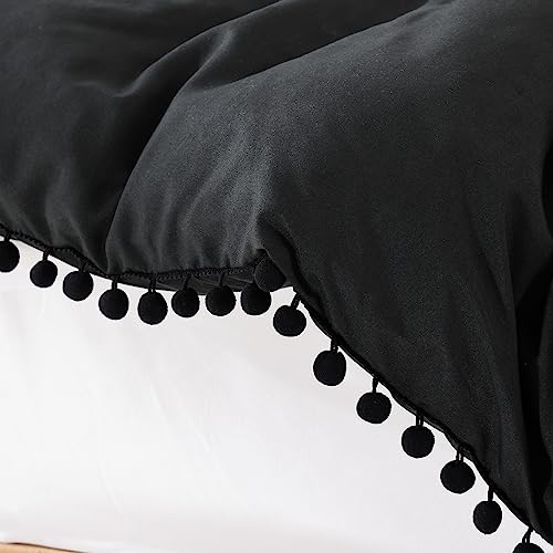 YIRDDEO Full Size Comforter Sets - Full Size Comforter with Ball Pom Fringe, Soft Bedding Set for All Seasons - 3 Pieces, 1 Comforter (79"x90") & 2 Pillow Shams(20"x26"), Black YIRDDEO