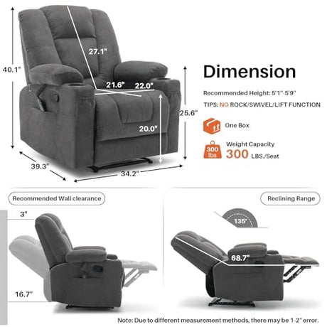 Recliner Chair with Massage and Heat,Chenille Recliner Sofa Chairs for Adults,Wall Hugger Recliners for Living Room, Reclining Armchairs with Cupholders, Dark Gray BAMCANFUR