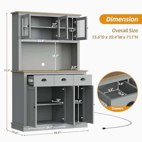 Buytime 71" Kitchen Hutch with Charging Station, Tall Pantry Storage Cabinet with Microwave Stand, Adjustable Shelves, Slide Drawers, Large Buffet Pantry Cabinet for Kitchen, Dining Room, Grey Buytime