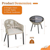 Devoko Patio Furniture Set 3 Pieces Rope Woven Bistro Set Outdoor Conversation Set with 2 Wide Chairs,Cushions and Tempered Glass Table for Balcony Porch Backyard Garden Poolside Devoko