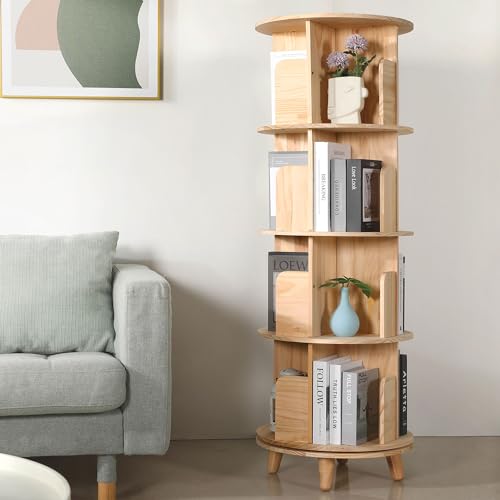 Rengue 4-Tier 360° Rotating Bookshelf Tower - Solid Wood Corner Organizer in Natural Finish - WoodArtSupply