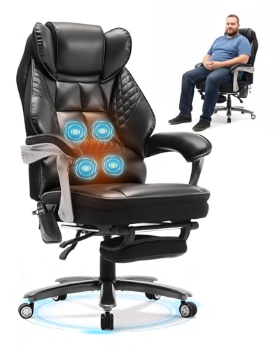 600LBS Big and Tall Office Chair with Massage and Heat, 23.5" Wide Leather Office Chair with Back Support, Ergonomic Comfort 140° Reclining Desk Chairs Managerial Chairs for Heavy People smartue