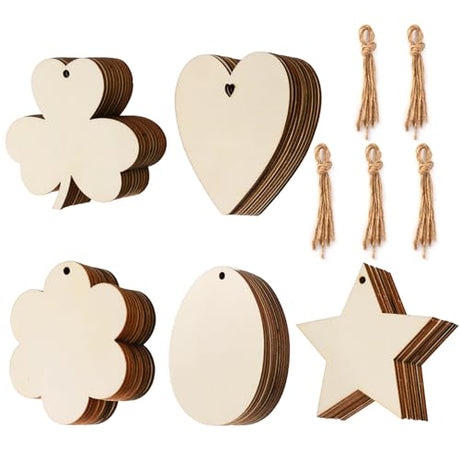 Tmflexe 50 Pcs Unfinished Paintable Blank Wooden Spring Festival Decoration Ornaments, Valetine's Day Easter St.Patrick Tree Hanging Wood Slices for Kids DIY Art Crafts, Hearts,Stars, Eggs, Flowers Tmflexe