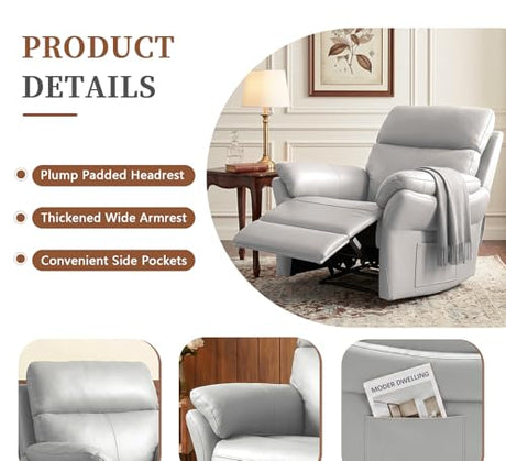 AIRSKY Genuine Leather Recliner Chair, Top Grain Leather, Italian Water-Washing Process, Living Room Chair with Lumbar Support,for Theater Seating, Bedroom, Grey,R1 AIRSKY