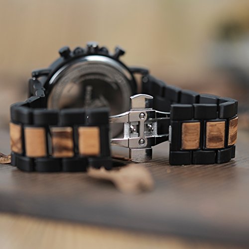 BOBO BIRD Wooden Mens Watches Large Size Stylish Wood & Stainless Steel Combined Chronograph Military Quartz Watch (Balck Wood Band) BOBO BIRD