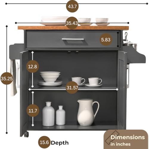 Hodedah Rolling Wood Kitchen Island Cart with Spice Rack, Towel Rack, Utensil Drawer plus Cabinet, White with Beech Top Hodedah