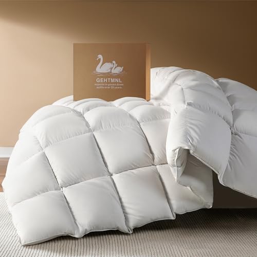 Gehtmnl Goose Down Fiber Comforter King Size – All Season Naturally Breathable Down Comforters, Luxury Hotel Collection Duvet Insert with 8 Corner Tabs, Cotton Fabric & Baffle Box (White,65oz Fill) Gehtmnl
