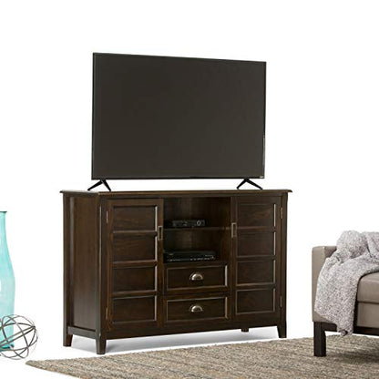 SIMPLIHOME Burlington SOLID WOOD Universal TV Media Stand, 54 inch Wide, Traditional, Living Room Entertainment Center with Storage, for Flat Screen TVs up to 60 inches in Mahogany Brown