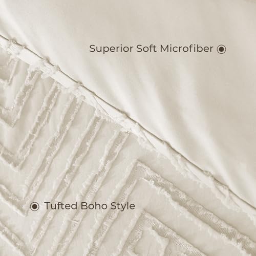 Litanika Queen Comforter Set Beige, 3 Pieces Cream Tufted Boho Farmhouse Bedding Comforter Sets, Lightweight Fluffy Comforter Bed Set for All Season (90x90In Comforter and 2 Pillowcases) Litanika