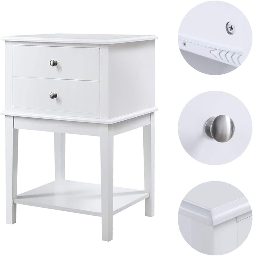 conifferism White Nightstand 2 Drawers and Storage Shelf, 28" High Bedroom Night Stand, Contemporary Modern Bed Side Table, Living Room Country Cottage 19" Wide End Table Metal Sliders conifferism