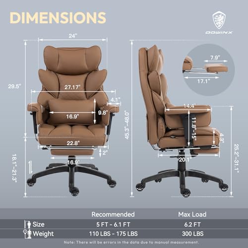 Dowinx Big and Tall Office Chair with Pocket Spring Cushion,High Back Computer Gaming Chairs with Adjustable Armrests,Executive Desk Chairs with Lumbar Support and Footrest,PU Leather-Brown Dowinx