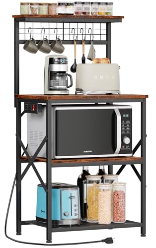 Furologee Kitchen Bakers Rack with Power Outlet, Microwave Oven Stand with Storage 4 Tiers, Coffee Bar Table with 6 S Hooks, Kitchen Storage Shelf Rack for Spices, Pots, Rustic Brown