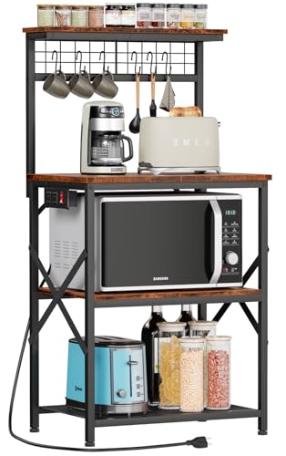 Furologee Rustic Brown Kitchen Bakers Rack with Power Outlet and 4 Tiers of Storage Furologee