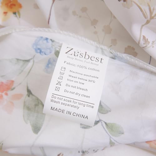 Zusbest Botanical Floral Duvet Cover Queen 100% Cotton Orange Blue Flower Patterned Bedding Beige Tan Comforter Cover with Zipper, Soft Skin-Friendly, Luxury Minimalist Wildflower Print Bed Set, 3Pcs Zusbest