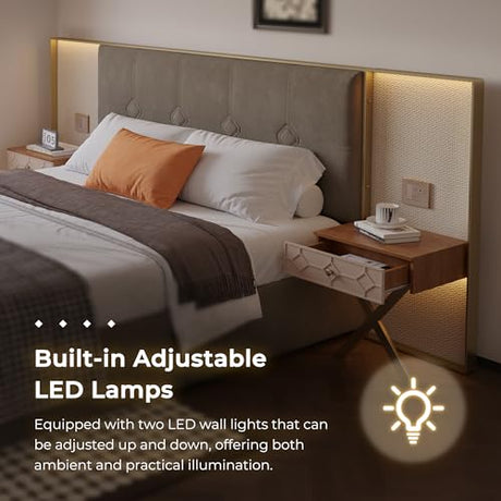 Olodumare Luxury Modern Bed Frame with Velvet Headboard, 2 LED Lights & Floating Nightstands, King, Coffee | Sturdy Wood & Metal Platform Bed, No Box Spring Needed Olodumare
