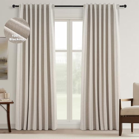 Topfinel Boho Farmhouse Black Out Linen Curtains 84 Inch Length 2 Panels Set for Bedroom Living Room, Greige Insulating Winter Room Divider Curtains Neutral Burlap Drapes 7FT Long Pleated Back Tab Topfinel