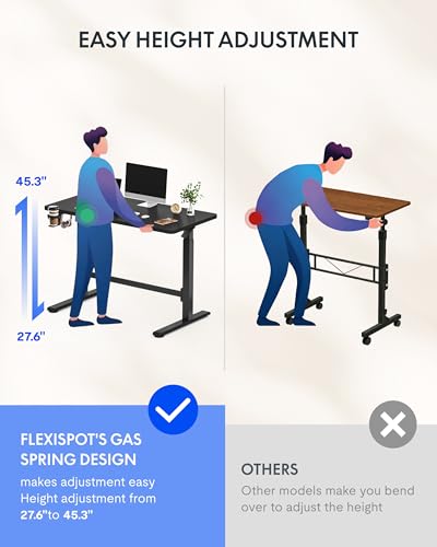 FLEXISPOT H7 Plus Gas Spring Adjustable Standing Desk, Mobile Rolling Sit-Stand Table with Wheels, Cordless Stand Up Desk for Small Spaces & Home Office, 48" One-Piece Desktop Black,Height 27.6"–45" FLEXISPOT