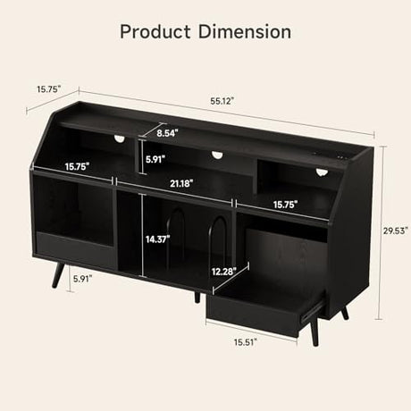 55 Inch Record Player Stand with LED Light, Modern Vinyl Record Storage Cabinet with 2 Drawers & Open Shelves, Holds up to 500 Albums, Turntable Stand w/Charging Station for Living Room Bedroom Black ONBRILL