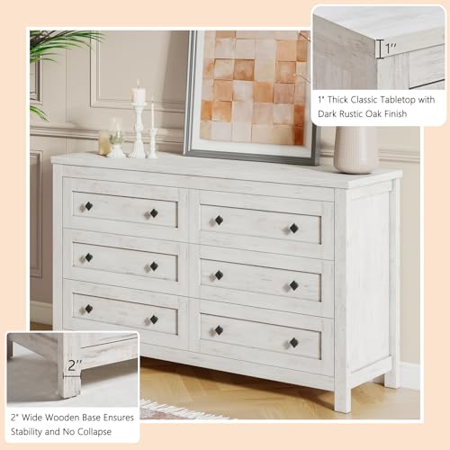 LUXOAK Farmhouse 6 Drawers Dresser, Wood Rustic Chest of Drawers for Bedroom, Closet Storage Dressers Organizer, 6 Drawers Chest for Living Room, Hallway, Rustic White LUXOAK