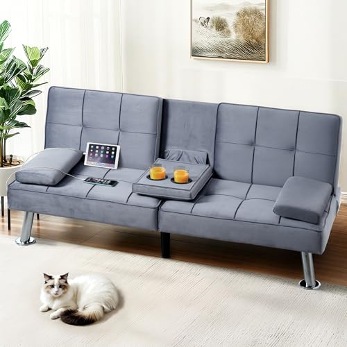 FLEXISPOT XCT3 Futon Sofa Bed with USB & Type-C Charging Port, Convertible Sleeper Couch with Adjustable Backrest, Folding Loveseat for Small Space, Living Room, Guest Room, Apartment (Velvet, Gray) FLEXISPOT