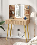 Zeibospri 29.5" Small Makeup Vanity with Adjustable Light Mirror, Fluted Vanity Table with 2 Drawer & 4 Open Storage Shelf, 3 Light Modes and Brightness, for Woman and Girls, Bedroom,Natural Oak Zeibospri