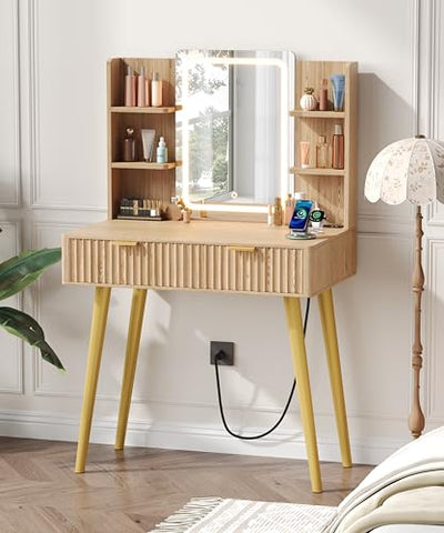 Zeibospri 29.5" Small Makeup Vanity with Adjustable Light Mirror, Fluted Vanity Table with 2 Drawer & 4 Open Storage Shelf, 3 Light Modes and Brightness, for Woman and Girls, Bedroom,Natural Oak