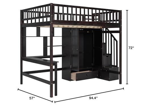 SOFTSEA Espresso Full Size Loft Bed with Desk, Wardrobe, and Storage Steps for Kids - WoodArtSupply