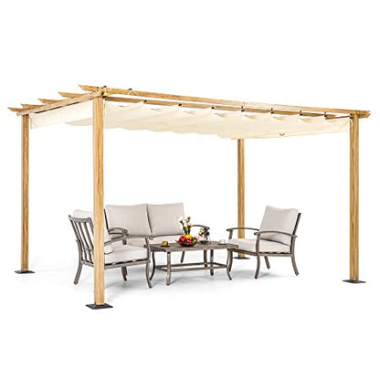 HAPPATIO 10' X 13' Pergola Retractable Pergola Canopy for Backyard, Garden, Patio; Woodgrain-Look Aluminum Pergola with Retractable Pergola Canopy, Includes Anchors and Expansion Screws (Beig - WoodArtSupply