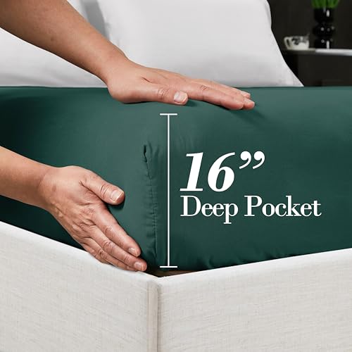 Mocassi California King Fitted Sheet - Deep Pocket Cooling Sheets up to 16 inch - Hotel Luxury 1800 Premier - Softest Sheets - Wrinkle Resistant - 1 Single Bottom Fitted Sheet, Cali King, Forest Green Mocassi