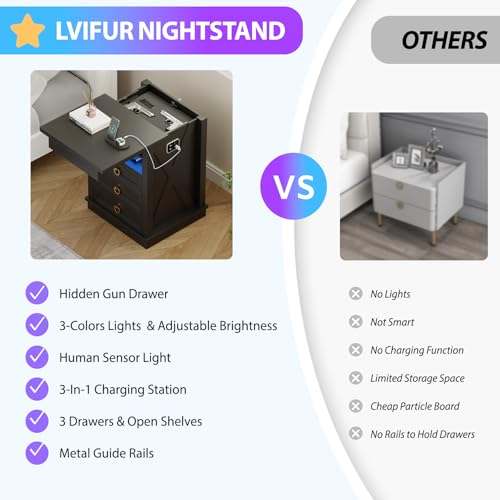 Lvifur Farmhouse Nightstand with Gun Drawer, Human Sensor LED Bedside Table with LED Lights & Charging Station, Rustic Wood Sofa Side End Table with 3 Drawers for Bedroom (Black) Lvifur