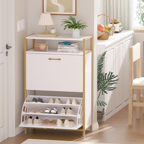 VECELO Shoe Storage Cabinet with 2 Flip Entryway Modern Slim Hidden Freestanding Organizer with Metal Legs for Narrow Hallway, Living Room, Large Capacity, White, 2-Drawers - WoodArtSupply