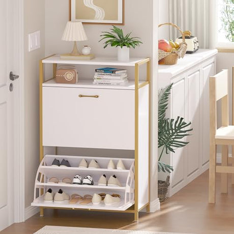 VECELO Shoe Storage Cabinet with 2 Flip Entryway Modern Slim Hidden Freestanding Organizer with Metal Legs for Narrow Hallway, Living Room, Large Capacity, White, 2-Drawers VECELO
