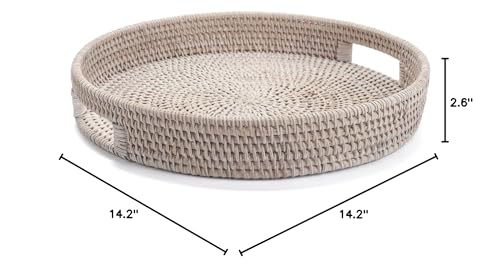 13.8 inch Round Rattan Tray, Decorative Coffee Table Tray, Ottoman Tray, Woven Serving Tray with Handles, Wicker Serving Basket, Whitewash YANGQIHOME