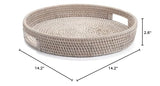 13.8 inch Round Rattan Tray, Decorative Coffee Table Tray, Ottoman Tray, Woven Serving Tray with Handles, Wicker Serving Basket, Whitewash YANGQIHOME