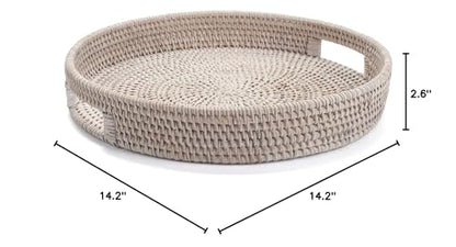 13.8 inch Round Rattan Tray, Decorative Coffee Table Tray, Ottoman Tray, Woven Serving Tray with Handles, Wicker Serving Basket, Whitewash