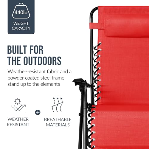 Best Choice Products Set of 2 Extra Wide Adjustable Steel Mesh Zero Gravity Lounge Chair Recliners w/Pillows and Cup Holder Trays - Crimson Red